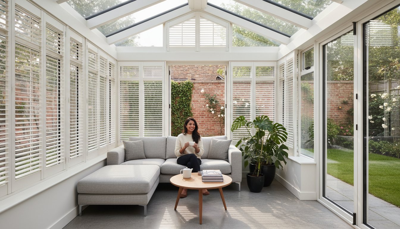 Shutters in a bright conservatory managing sunlight